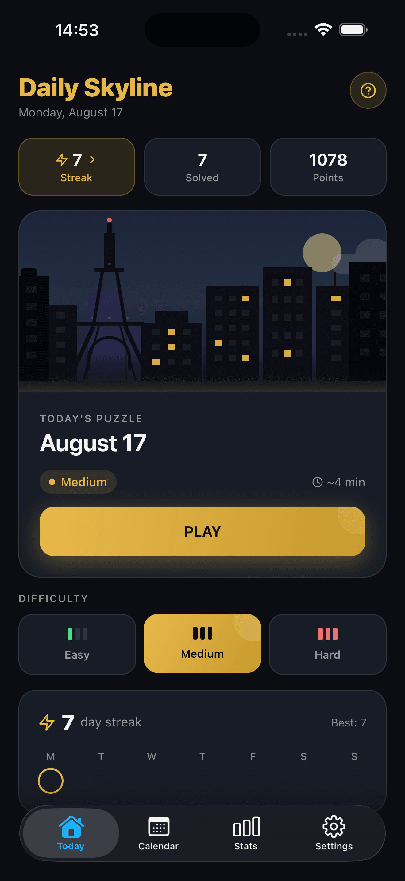 Daily Skyline home screen with today’s 5×5 skyscraper puzzle, streak, freeze, and daily city