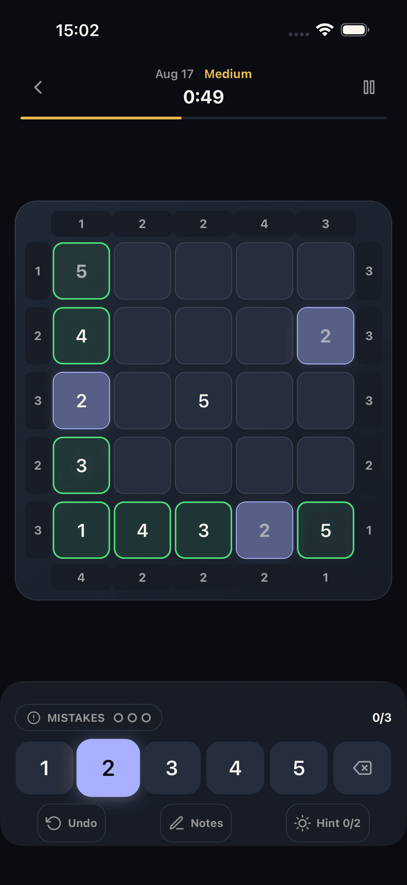 Daily Skyline gameplay: a 5×5 skyscraper puzzle with edge clues and a number pad