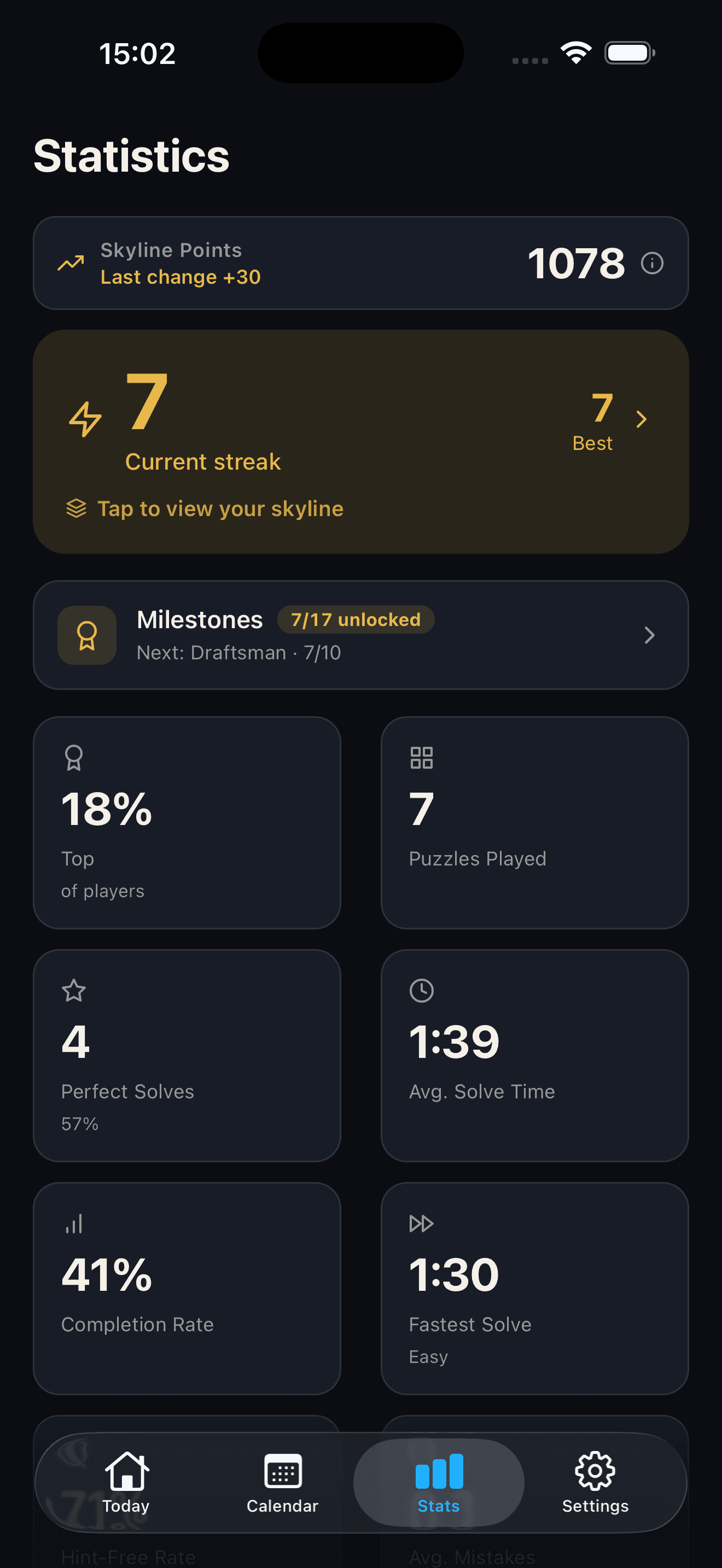 Daily Skyline Statistics with Skyline Points, streak, milestones, and puzzle stats